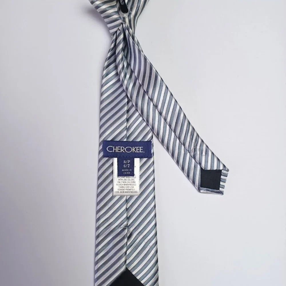 Cherokee Kid's Clip-On Tie - Gray & White Stripe - Size 6-7 - EUC